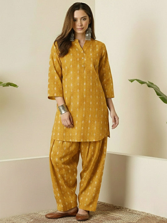 Mustard Printed Kurta & Palazzo Co-Ord Set for Women