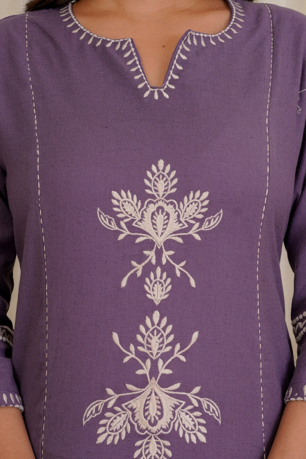 Mauve Purple Embroidered Kurta with White Floral Threadwork
