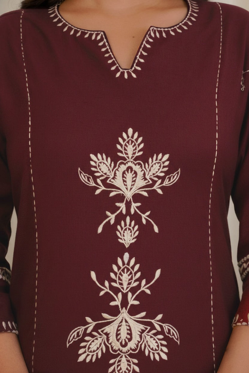 Wine Maroon Embroidered Kurta with White Floral Threadwork