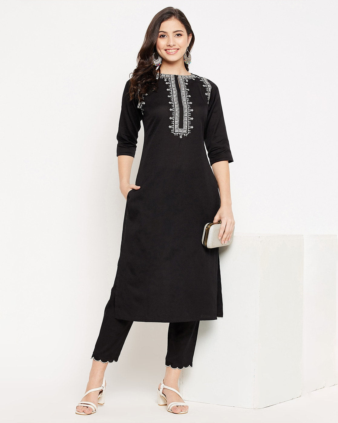 Black Kurta with White Geometric Embroidery