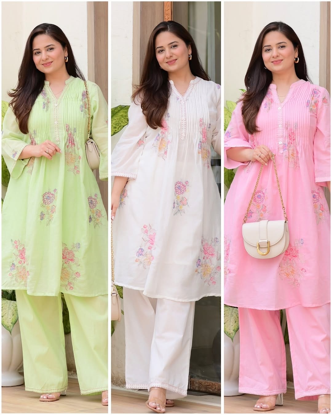 Pastel green cotton kurta set with pants
