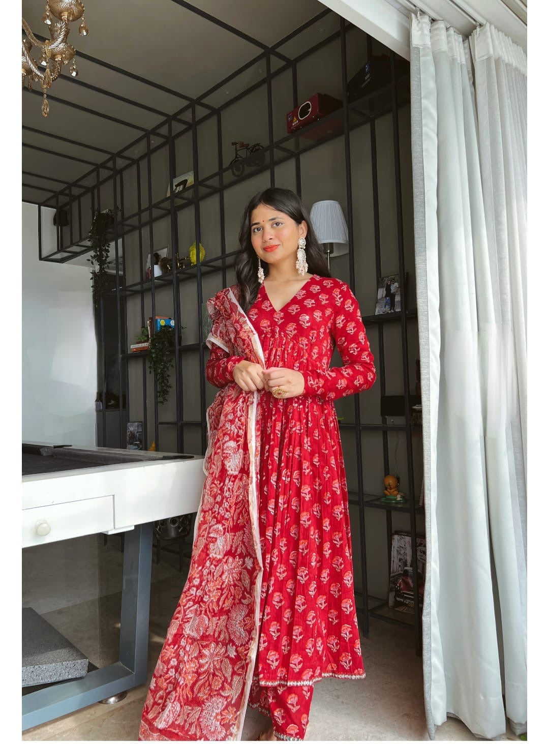 Elegant Red Printed Anarkali Dress