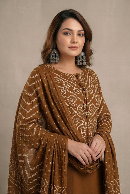 Women's Brown Bandhani printed kurta set
