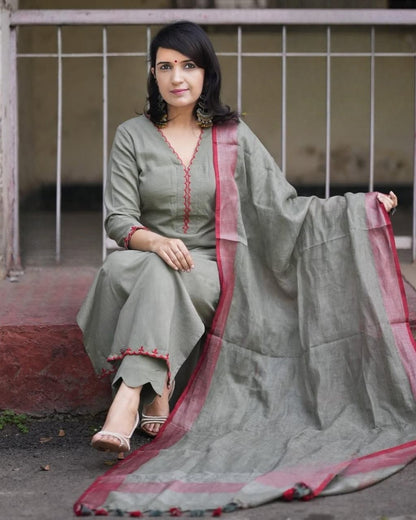 Sage Green Printed Kurta Set with Pink Dupatta
