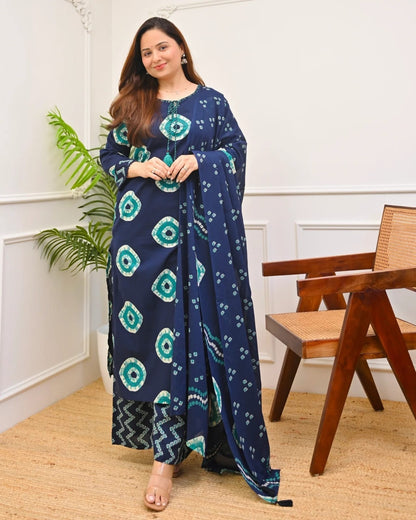 Title:  Navy Blue Printed Kurta Set with Dupatta for Women