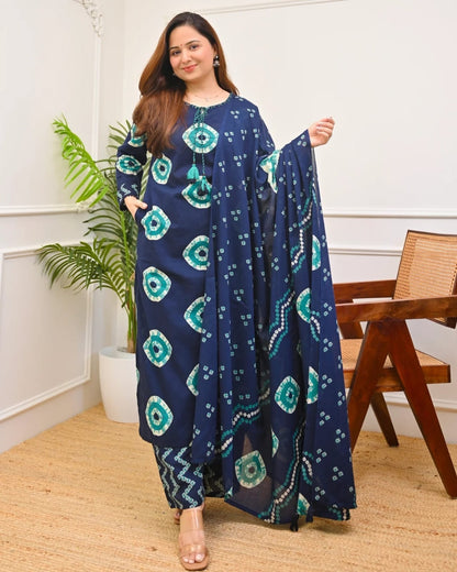 Title:  Navy Blue Printed Kurta Set with Dupatta for Women
