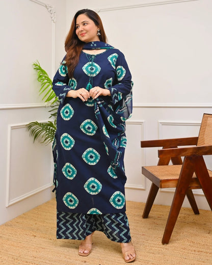 Title:  Navy Blue Printed Kurta Set with Dupatta for Women
