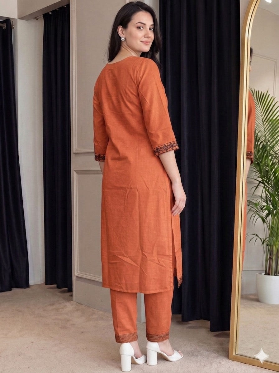 Rust Orange Embroidered Straight Kurta Set