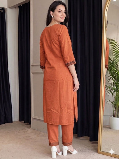Rust Orange Embroidered Straight Kurta Set