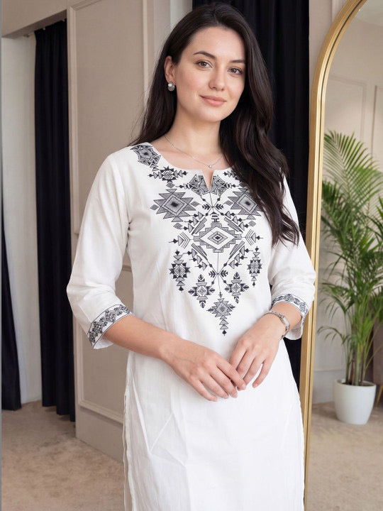 White Embroidered Straight Kurta