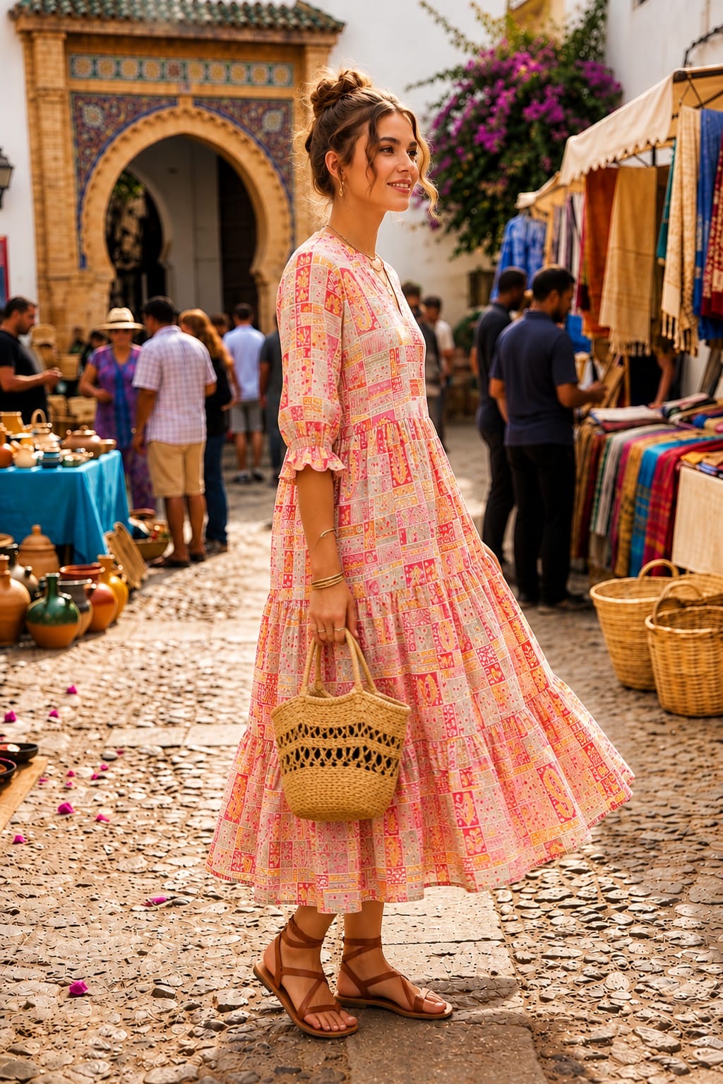 Pink Patchwork Printed Tiered Midi Dress