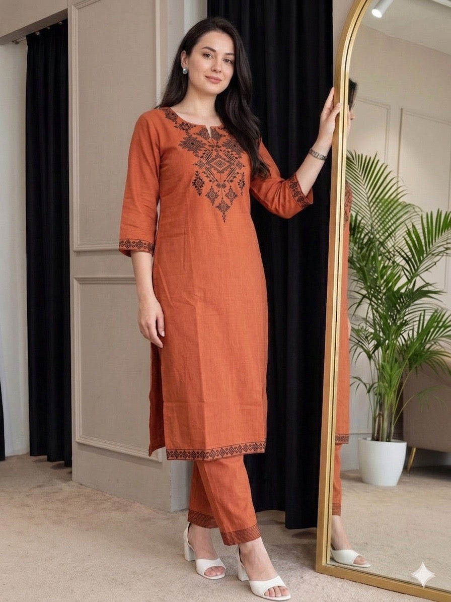 Rust Orange Embroidered Straight Kurta Set