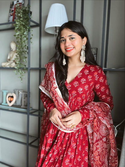 Elegant Red Printed Anarkali Dress