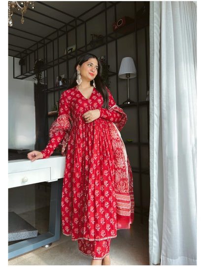 Elegant Red Printed Anarkali Dress