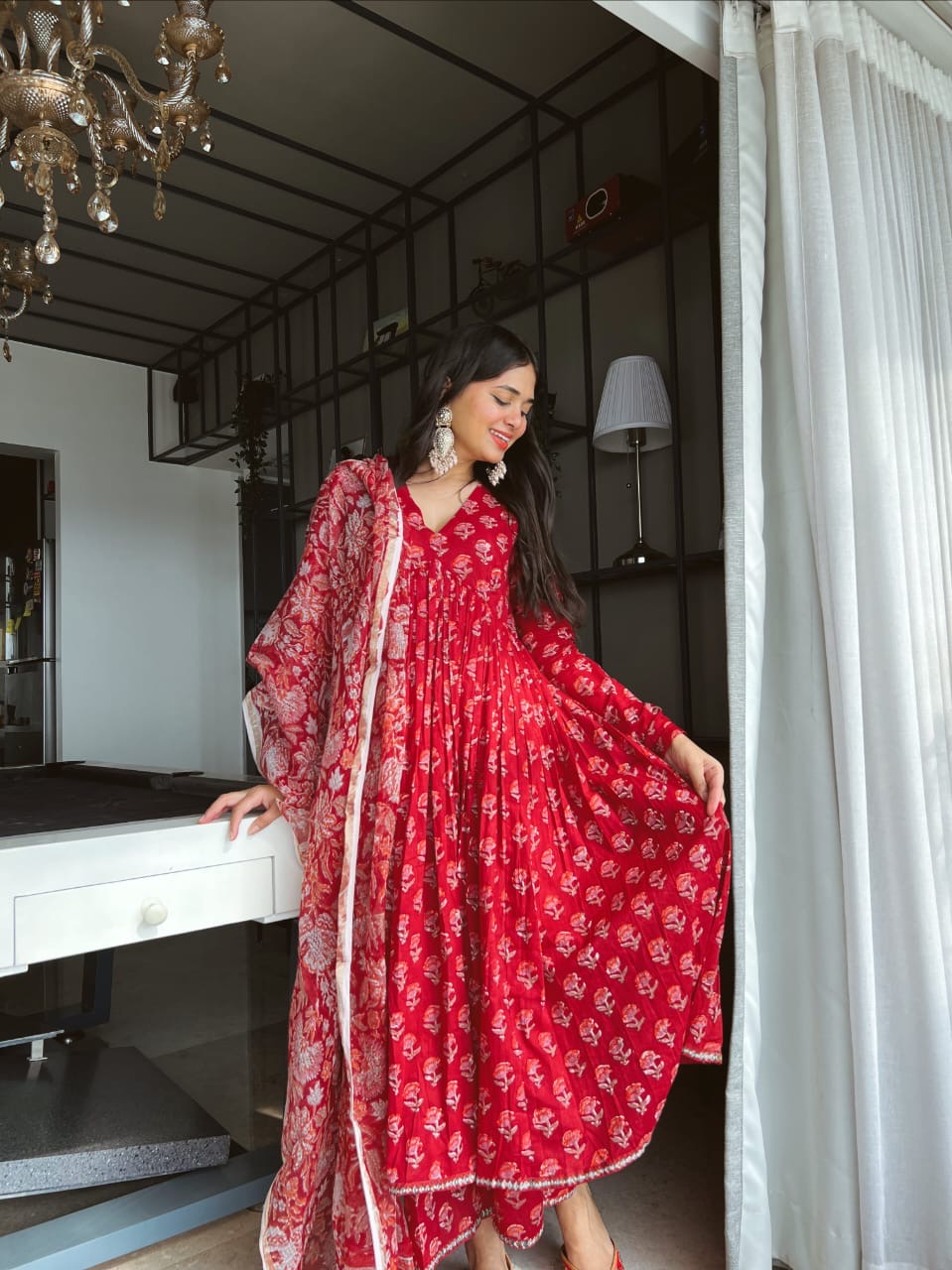 Elegant Red Printed Anarkali Dress