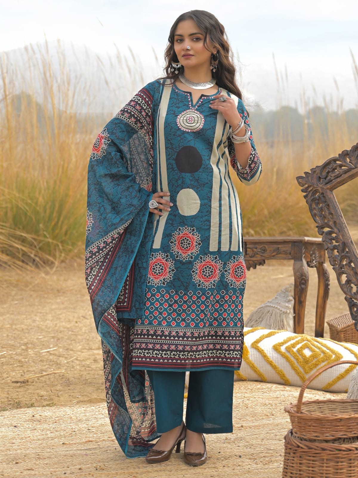 Teal Blue Printed Kurta Set with Dupatta