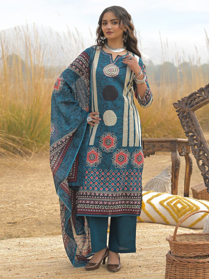 Teal Blue Printed Kurta Set with Dupatta