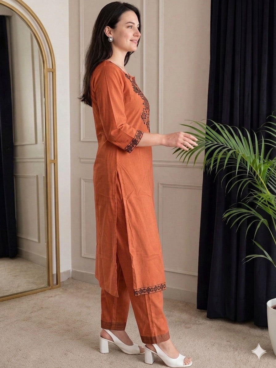 Rust Orange Embroidered Straight Kurta Set