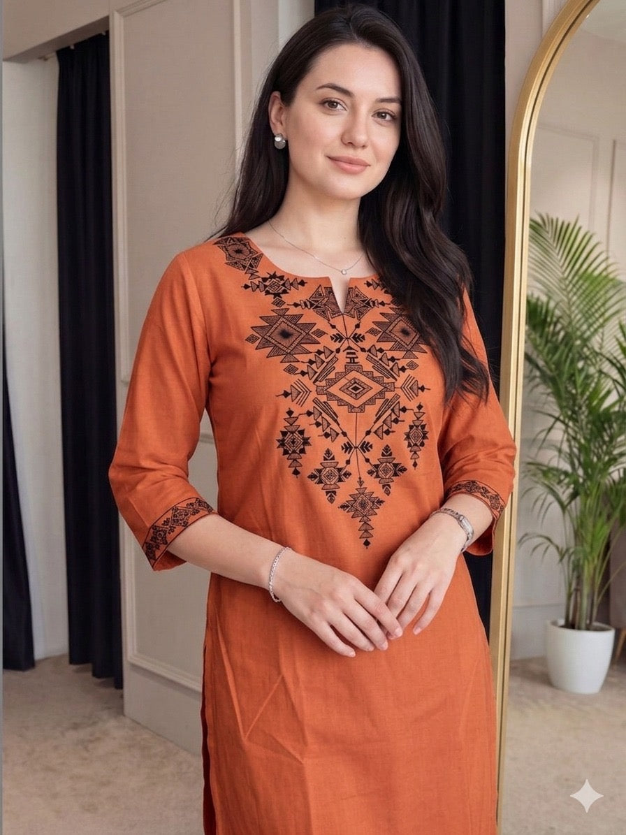 Rust Orange Embroidered Straight Kurta Set