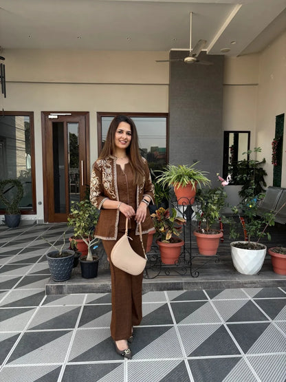 Elegant Brown Embroidered Co-Ord Set for Women | Premium Ethnic Fusion Wear
