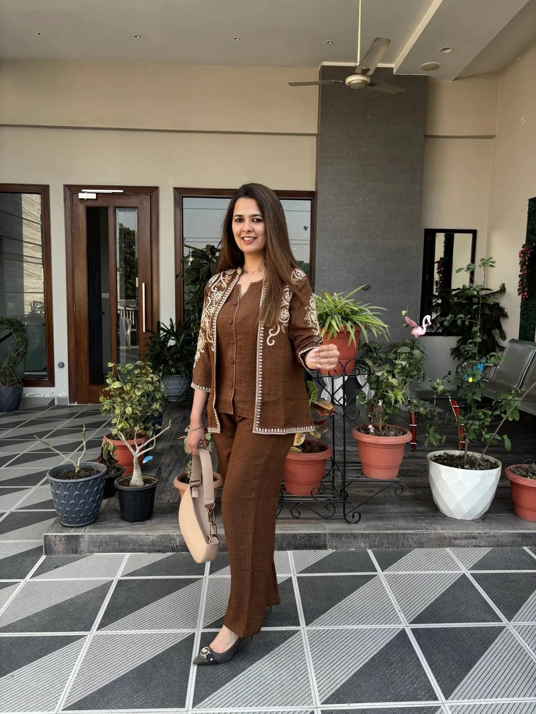 Elegant Brown Embroidered Co-Ord Set for Women | Premium Ethnic Fusion Wear