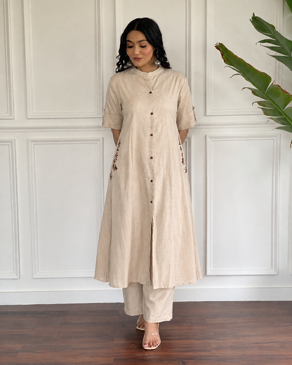 Beige Button-Down Pocket Embroidered Kurta Palazzo Set