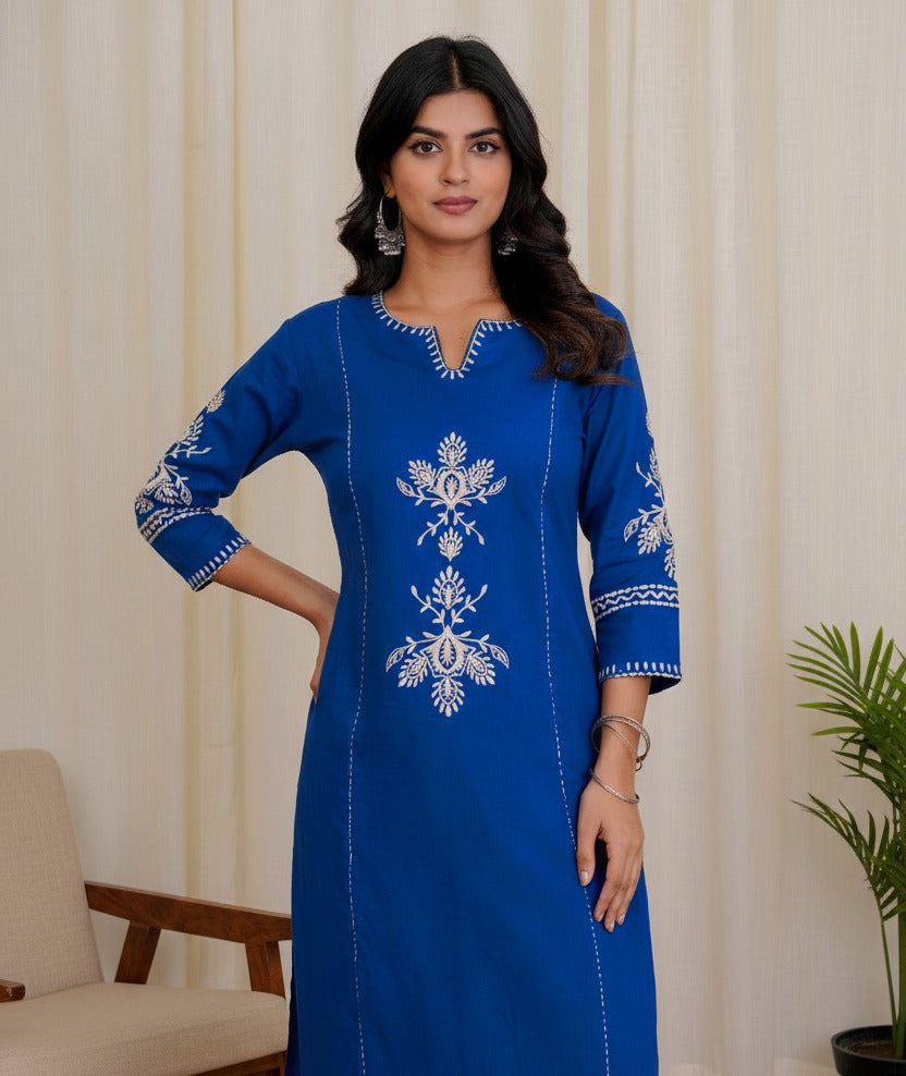 Royal Blue Embroidered Kurta with White Floral Threadwork