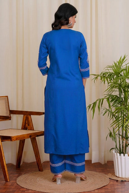 Royal Blue Embroidered Kurta with White Floral Threadwork