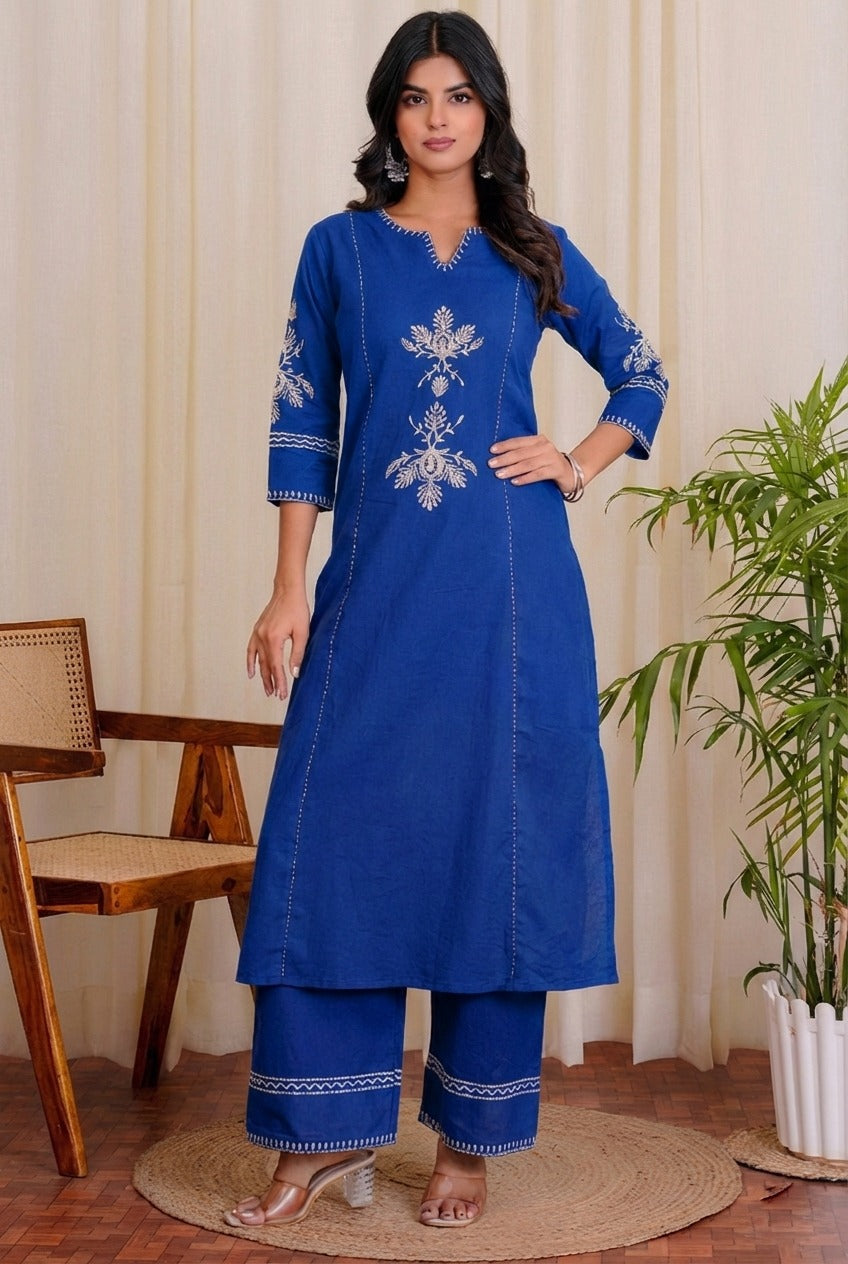 Royal Blue Embroidered Kurta with White Floral Threadwork