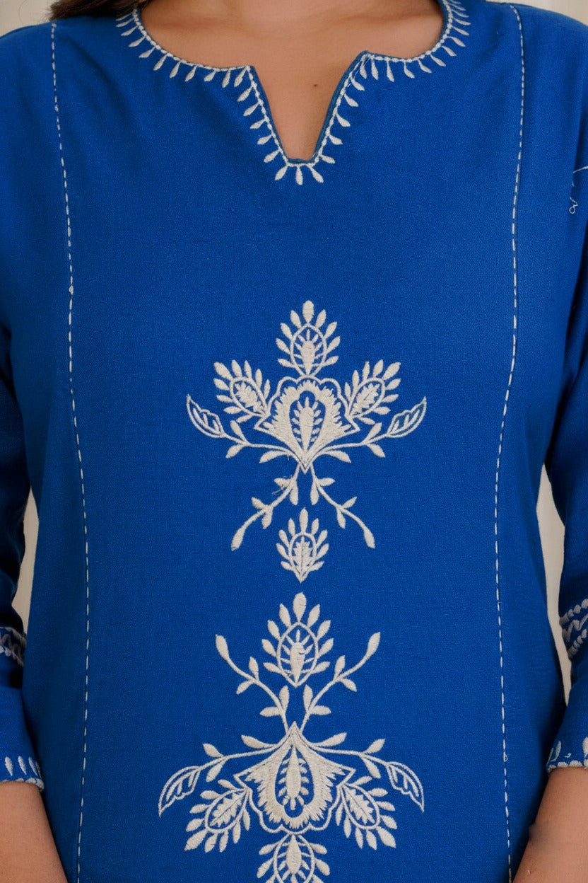 Royal Blue Embroidered Kurta with White Floral Threadwork