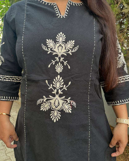 Black Embroidered Kurta with White Floral Threadwork