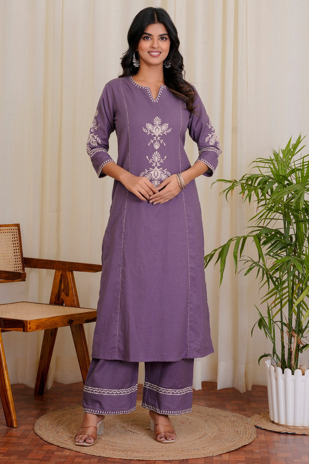 Mauve Purple Embroidered Kurta with White Floral Threadwork