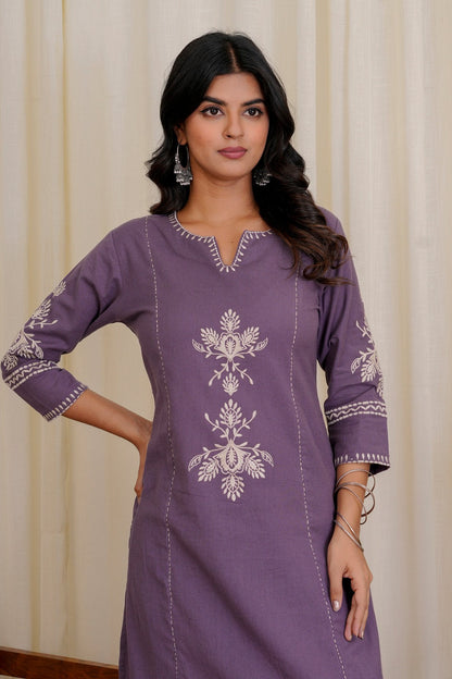 Mauve Purple Embroidered Kurta with White Floral Threadwork