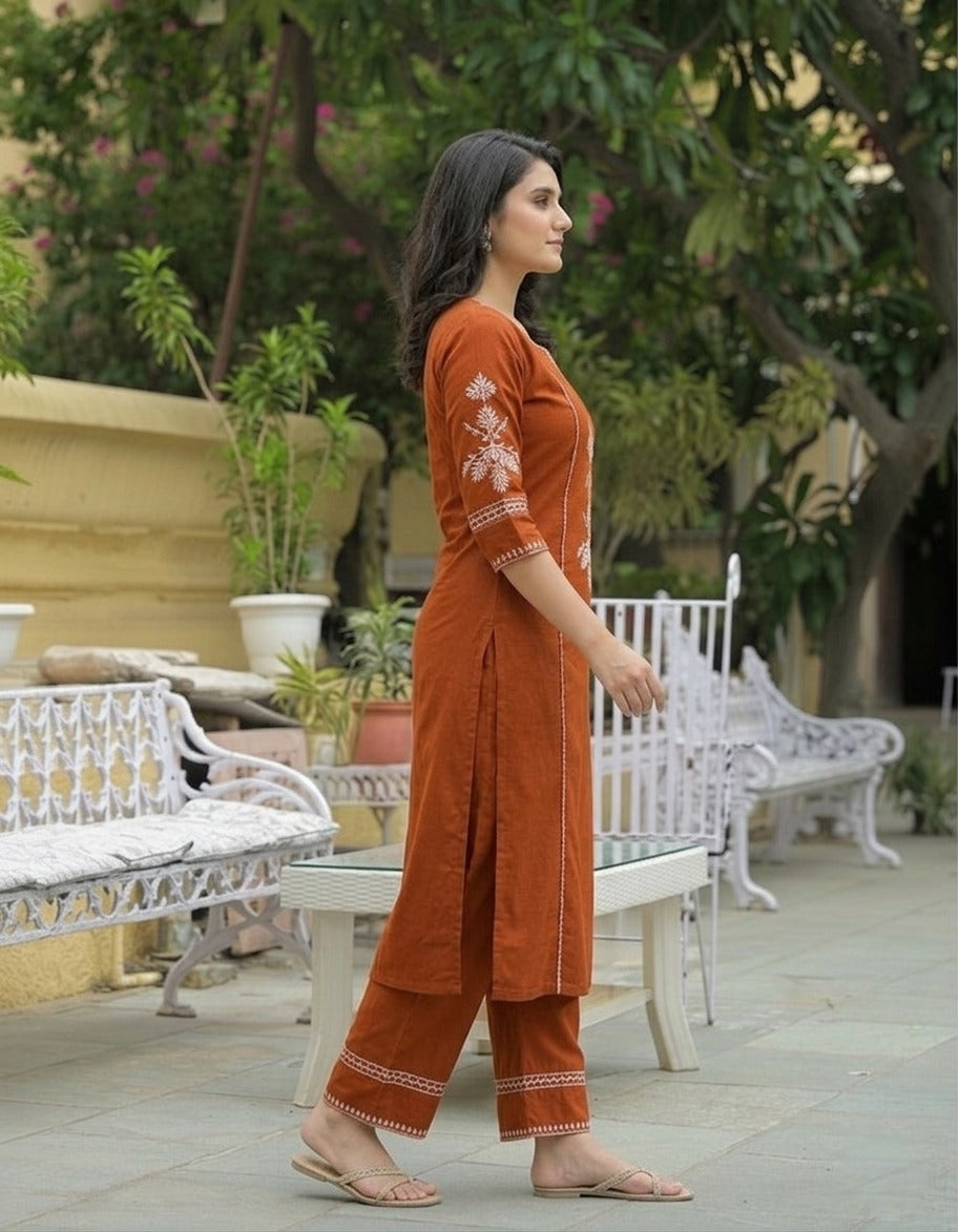 Rust Orange Embroidered Kurta Fabric with White Floral Threadwork