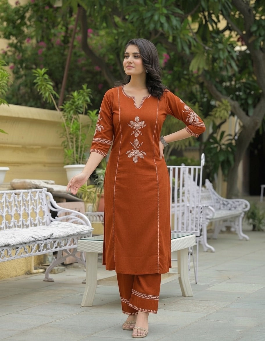 Rust Orange Embroidered Kurta Fabric with White Floral Threadwork
