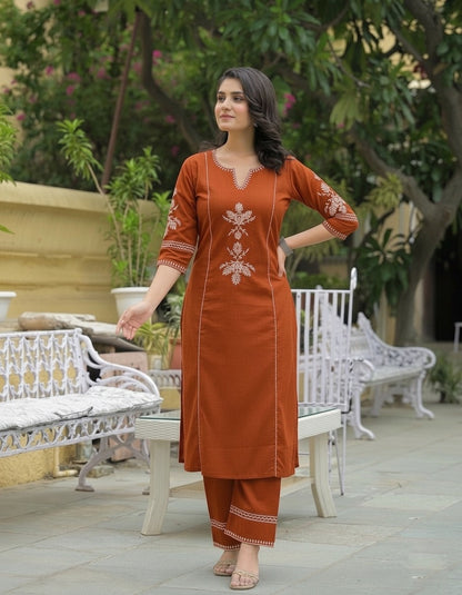 Rust Orange Embroidered Kurta Fabric with White Floral Threadwork