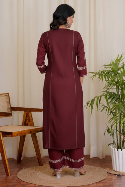 Wine Maroon Embroidered Kurta with White Floral Threadwork