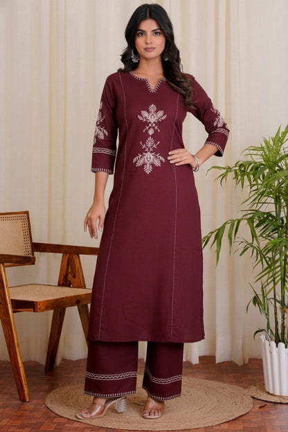Wine Maroon Embroidered Kurta with White Floral Threadwork