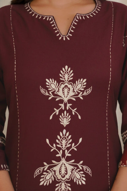 Wine Maroon Embroidered Kurta with White Floral Threadwork