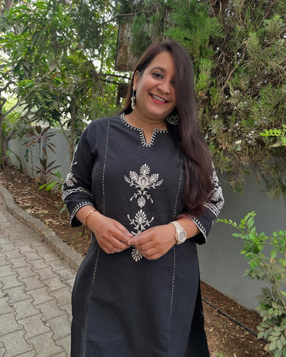Black Embroidered Kurta with White Floral Threadwork