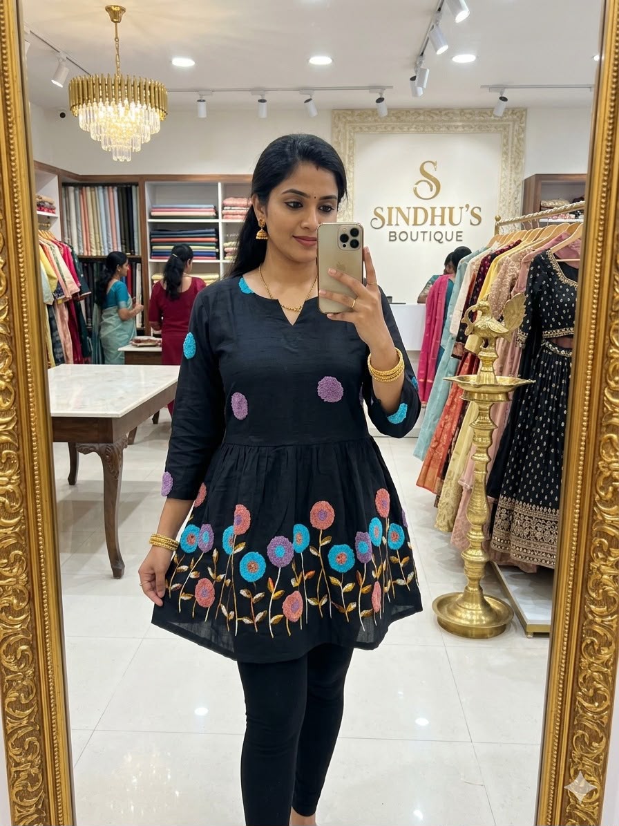 Black Multicolor Floral Embroidered Kurta