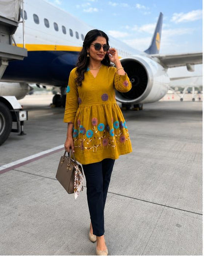 Mustard Yellow Multicolor Floral Embroidered Kurta