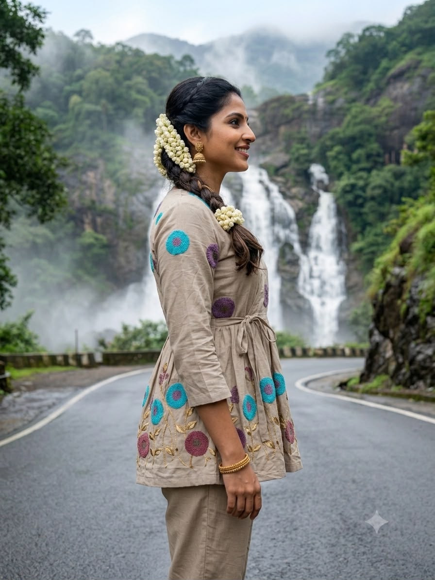 Beige Multicolor Floral Embroidered Kurta Fabric with Textured Motifs