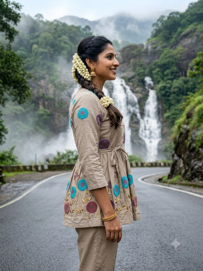 Beige Multicolor Floral Embroidered Kurta Fabric with Textured Motifs