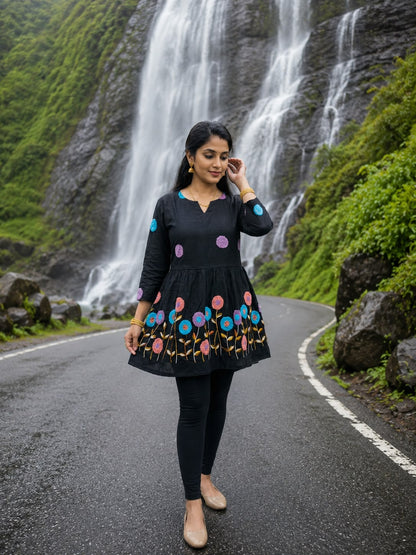 Black Multicolor Floral Embroidered Kurta