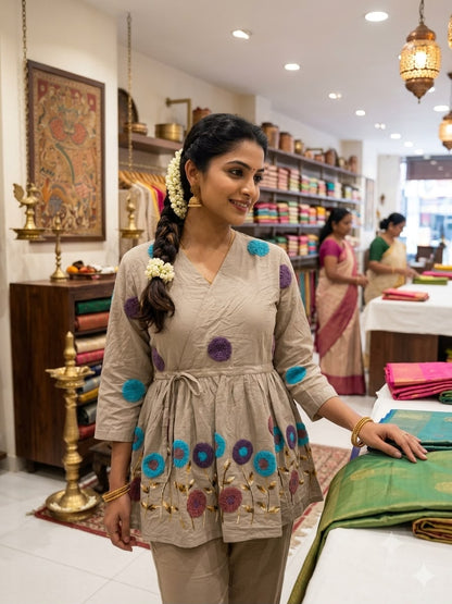 Beige Multicolor Floral Embroidered Kurta Fabric with Textured Motifs