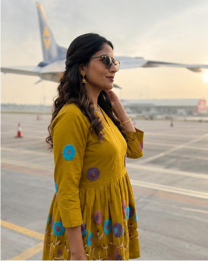 Mustard Yellow Multicolor Floral Embroidered Kurta