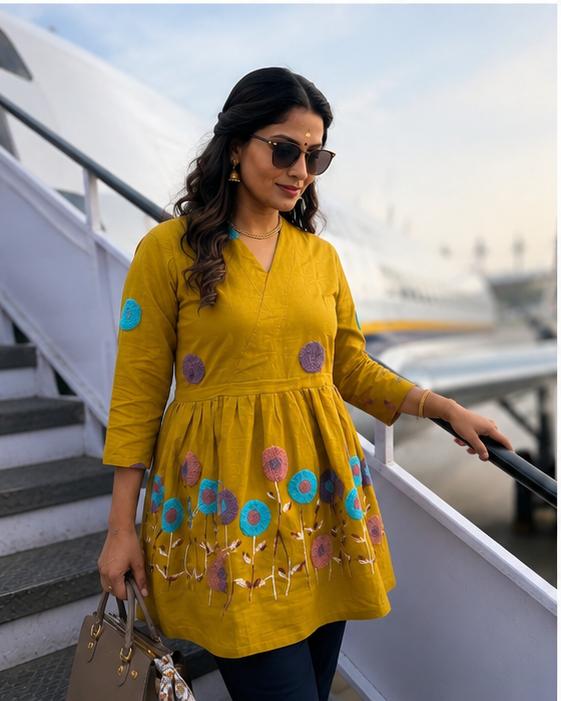 Mustard Yellow Multicolor Floral Embroidered Kurta
