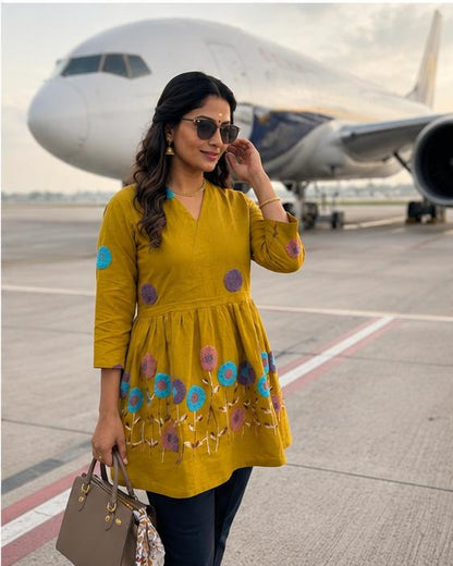 Mustard Yellow Multicolor Floral Embroidered Kurta