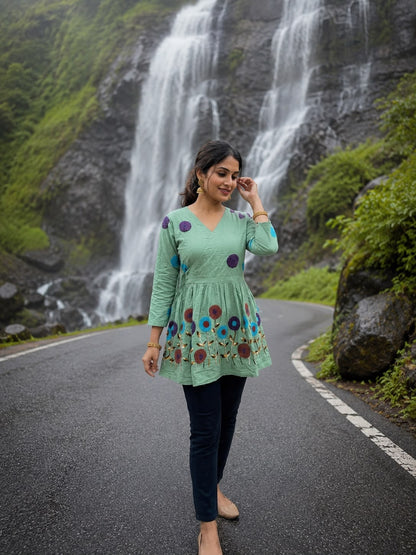 Mint Green Multicolor Floral Embroidered Kurta